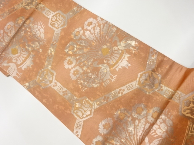 リサイクル　抽象草花に向かい鳥模様織出し袋帯